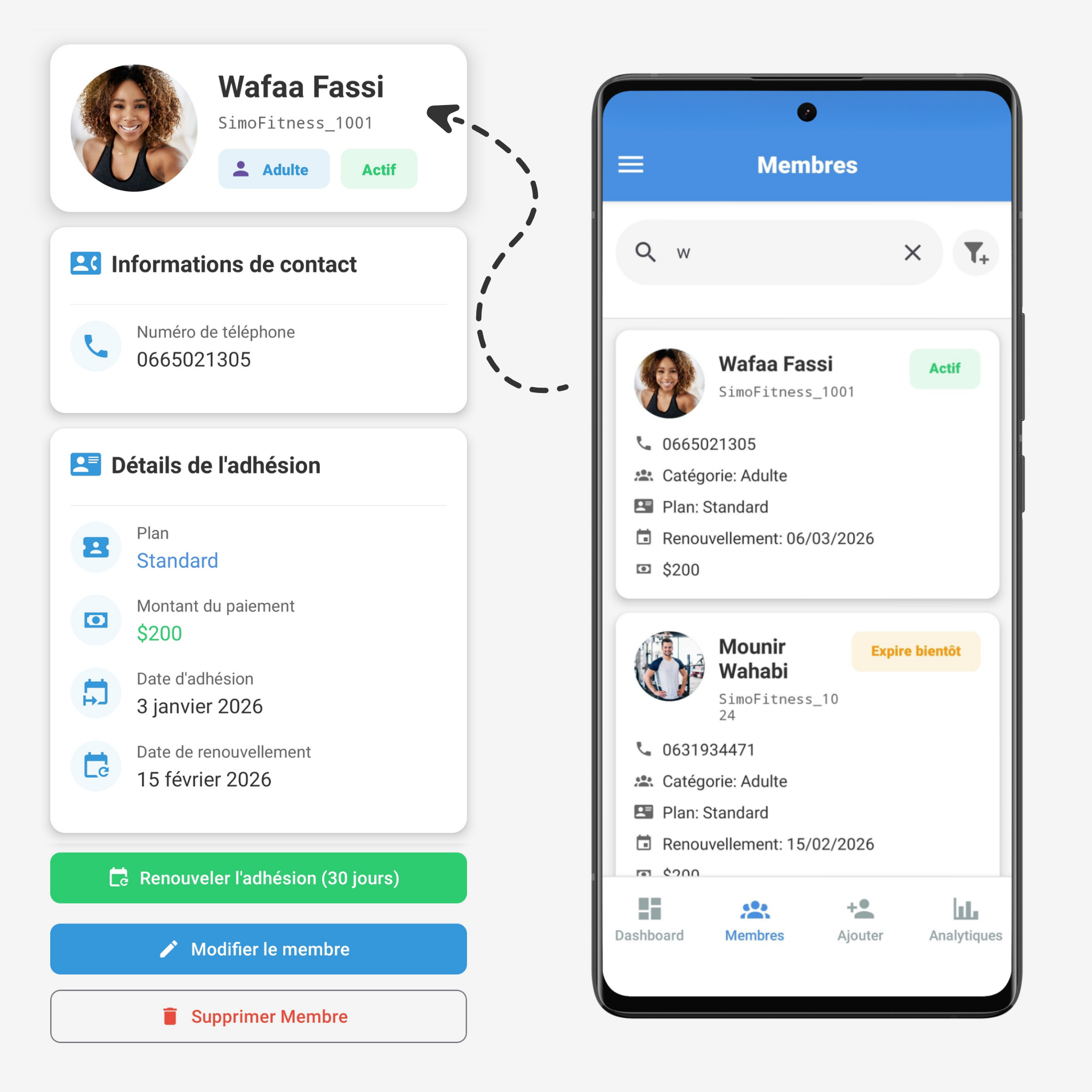Gestion des membres Migido - Liste, profil détaillé et filtres avancés